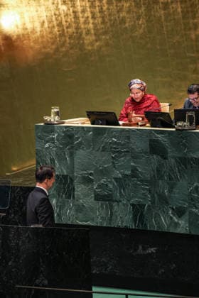 September 26, 2026, New York, New York, United States: President of the Federated States of Micronesia AREN B. PALIK nods to the Deputy Secretary General, AMINA MOHAMMED before addressing the General Debate of the 81st UN General Assembly, highlighting the priorities of Pacific island nations, including climate change and sea-level rise, ocean protection, sustainable development and regional security, while calling for stronger international support for Small Island Developing States. New York United States - ZUMAo116 20260926_znp_o116_005 Copyright: xBiancaxOterox