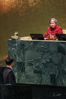 September 26, 2026, New York, New York, United States: President of the Federated States of Micronesia AREN B. PALIK nods to the Deputy Secretary General, AMINA MOHAMMED before addressing the General Debate of the 81st UN General Assembly, highlighting the priorities of Pacific island nations, including climate change and sea-level rise, ocean protection, sustainable development and regional security, while calling for stronger international support for Small Island Developing States. New York United States - ZUMAo116 20260926_znp_o116_006 Copyright: xBiancaxOterox