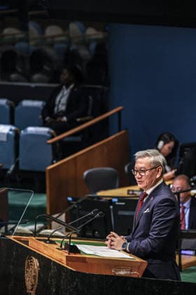 September 26, 2026, New York, New York, United States: THONGSAVANH PHOMVIHANE, Deputy Prime Minister and Minister of Foreign Affairs of Laos, addresses the General Debate of the 81st UN General Assembly, highlighting development and regional cooperation as Laos works to transform from a landlocked to a land-linked country through greater connectivity and international cooperation. New York United States - ZUMAo116 20260926_znp_o116_035 Copyright: xBiancaxOterox