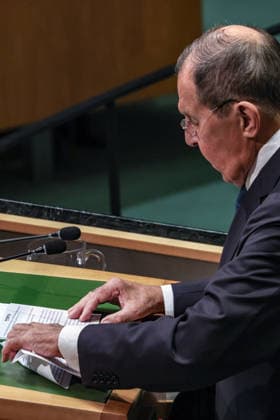 September 26, 2026, New York, New York, United States: Russian Foreign Minister SERGEY LAVROV reviews his prepared remarks at the podium as he addresses the General Debate of the 81st UN General Assembly. LavrovÃ¢â‚¬â ¢s appearance comes amid continuing tensions over RussiaÃ¢â‚¬â ¢s war in Ukraine, European security and relations with the United States, as Moscow continues an intensive round of diplomacy during UNGA81. New York United States - ZUMAo116 20260926_znp_o116_052 Copyright: xBiancaxOterox