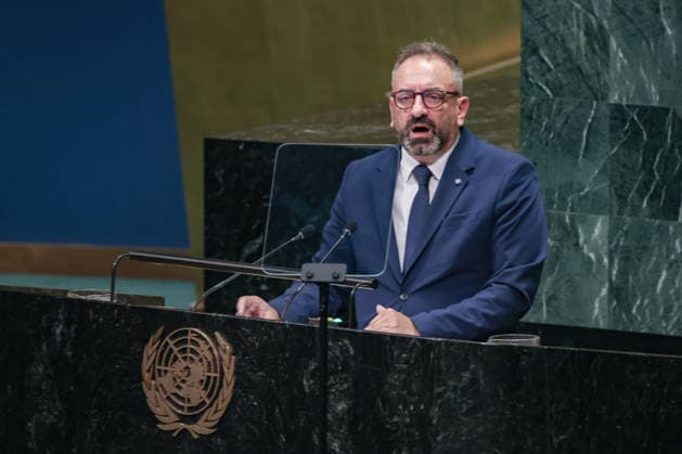 September 26, 2026, New York, New York, United States: LUCA BECCARI, Secretary of State for Foreign Affairs of San Marino, addresses the General Debate of the 81st UN General Assembly, with San Marino highlighting Palestinian statehood and the two-state solution, international law, UN reform and the need for stronger multilateral cooperation. New York United States - ZUMAo116 20260926_znp_o116_121 Copyright: xBiancaxOterox