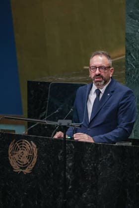 September 26, 2026, New York, New York, United States: LUCA BECCARI, Secretary of State for Foreign Affairs of San Marino, addresses the General Debate of the 81st UN General Assembly, with San Marino highlighting Palestinian statehood and the two-state solution, international law, UN reform and the need for stronger multilateral cooperation. New York United States - ZUMAo116 20260926_znp_o116_123 Copyright: xBiancaxOterox