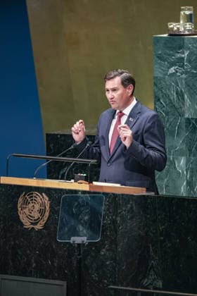 September 26, 2026, New York, New York, United States: MAXIM RYZHENKOV, Minister of Foreign Affairs of Belarus, addresses the General Debate of the 81st UN General Assembly, with Belarus highlighting opposition to unilateral sanctions, Eurasian security and its push for a more multipolar international order and greater cooperation among developing countries. New York United States - ZUMAo116 20260926_znp_o116_113 Copyright: xBiancaxOterox
