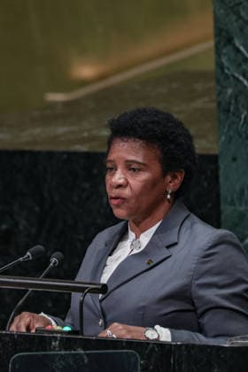 September 26, 2026, New York, New York, United States: ILZA MARIA DOS SANTOS AMADO VAZ, Minister of Foreign Affairs, Cooperation and Communities of Sao Tome and Principe, addresses the General Debate of the 81st UN General Assembly, highlighting the vulnerability of small island states to climate change and rising sea levels, alongside the countryâ€⠢s priorities on renewable energy, sustainable development and its maritime economy. New York United States - ZUMAo116 20260926_znp_o116_163 Copyright: xBiancaxOterox