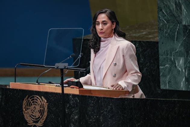 September 26, 2026, New York, New York, United States: ANITA ANAND, Minister of Foreign Affairs of Canada, addresses the General Debate of the 81st UN General Assembly. Canada has used UNGA81 to reinforce its support for Ukraine and Euro-Atlantic security, while focusing on Arctic and maritime security, Haiti and the protection of civilians in Gaza and Sudan, alongside closer coordination with Nordic and Baltic partners. New York United States - ZUMAo116 20260926_znp_o116_155 Copyright: xBiancaxOterox