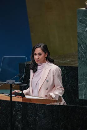 September 26, 2026, New York, New York, United States: ANITA ANAND, Minister of Foreign Affairs of Canada, addresses the General Debate of the 81st UN General Assembly. Canada has used UNGA81 to reinforce its support for Ukraine and Euro-Atlantic security, while focusing on Arctic and maritime security, Haiti and the protection of civilians in Gaza and Sudan, alongside closer coordination with Nordic and Baltic partners. New York United States - ZUMAo116 20260926_znp_o116_157 Copyright: xBiancaxOterox