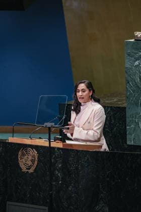 September 26, 2026, New York, New York, United States: ANITA ANAND, Minister of Foreign Affairs of Canada, addresses the General Debate of the 81st UN General Assembly. Canada has used UNGA81 to reinforce its support for Ukraine and Euro-Atlantic security, while focusing on Arctic and maritime security, Haiti and the protection of civilians in Gaza and Sudan, alongside closer coordination with Nordic and Baltic partners. New York United States - ZUMAo116 20260926_znp_o116_149 Copyright: xBiancaxOterox