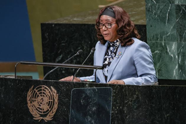 September 26, 2026, New York, New York, United States: MARIE-EDITH TASSYLA-YE-DOUMBENENY, Minister of Foreign Affairs and Cooperation of Gabon, addresses the General Debate of the 81st UN General Assembly, representing President Brice Clotaire Oligui Nguema, as Gabon highlights multilateral cooperation, climate and forest protection, security and sustainable development. New York United States - ZUMAo116 20260926_znp_o116_144 Copyright: xBiancaxOterox