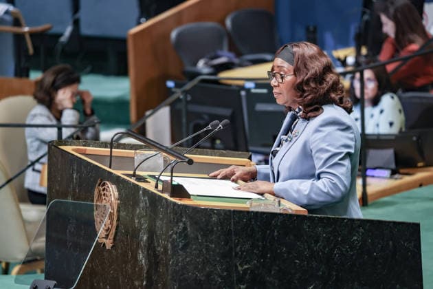 September 26, 2026, New York, New York, United States: MARIE-EDITH TASSYLA-YE-DOUMBENENY, Minister of Foreign Affairs and Cooperation of Gabon, addresses the General Debate of the 81st UN General Assembly, representing President Brice Clotaire Oligui Nguema, as Gabon highlights multilateral cooperation, climate and forest protection, security and sustainable development. New York United States - ZUMAo116 20260926_znp_o116_143 Copyright: xBiancaxOterox