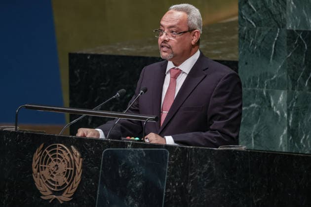 September 26, 2026, New York, New York, United States: ABDOULKADER HOUSSEIN OMAR, Minister of Foreign Affairs and International Cooperation of Djibouti, addresses the General Debate of the 81st UN General Assembly, with Djibouti highlighting peace and security in the Horn of Africa, the conflict in Sudan, Palestine and the need for stronger regional and multilateral cooperation. New York United States - ZUMAo116 20260926_znp_o116_126 Copyright: xBiancaxOterox