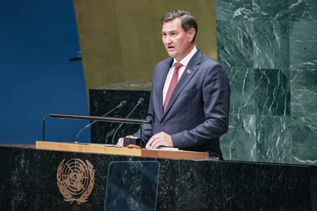 September 26, 2026, New York, New York, United States: MAXIM RYZHENKOV, Minister of Foreign Affairs of Belarus, addresses the General Debate of the 81st UN General Assembly, with Belarus highlighting opposition to unilateral sanctions, Eurasian security and its push for a more multipolar international order and greater cooperation among developing countries. New York United States - ZUMAo116 20260926_znp_o116_111 Copyright: xBiancaxOterox