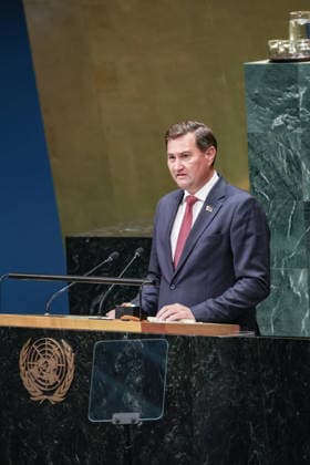 September 26, 2026, New York, New York, United States: MAXIM RYZHENKOV, Minister of Foreign Affairs of Belarus, addresses the General Debate of the 81st UN General Assembly, with Belarus highlighting opposition to unilateral sanctions, Eurasian security and its push for a more multipolar international order and greater cooperation among developing countries. New York United States - ZUMAo116 20260926_znp_o116_108 Copyright: xBiancaxOterox