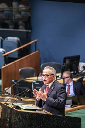 September 26, 2026, New York, New York, United States: Prime Minister of Belize JOHN BRICENO addresses the General Debate of the 81st UN General Assembly, highlighting the priorities of Belize and other Small Island Developing States, including climate vulnerability, development and climate finance, protection of oceans and biodiversity, regional security and the need for a more equitable international financial system. New York United States - ZUMAo116 20260926_znp_o116_020 Copyright: xBiancaxOterox