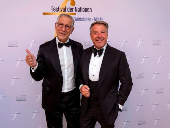 September 26, 2026, International Classical Music Festival Festival of Nations 2026, at the Kurhaus in Bad Wörishofen, Unterallgäu; prior to the opening concert featuring Sol Gabetta, VIP reception for guests of honor; singer Patrick Lindner (right) with her husband Peter Schäfer (left), September 26, 2026, Bad Wörishofen Classical Music Festival, September 26, 2026, Bad Wörishofen Classical Music Festi