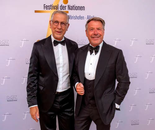 September 26, 2026, International Classical Music Festival Festival of Nations 2026, at the Kurhaus in Bad Wörishofen, Unterallgäu; prior to the opening concert featuring Sol Gabetta, VIP reception for guests of honor; singer Patrick Lindner (right) with her husband Peter Schäfer (left), September 26, 2026, Bad Wörishofen Classical Music Festival, September 26, 2026, Bad Wörishofen Classical Music Festi