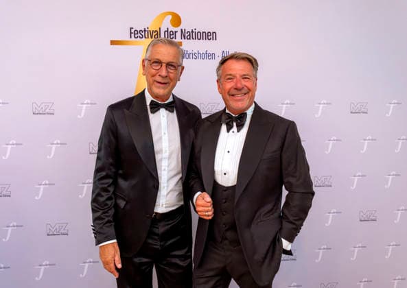 September 26, 2026, International Classical Music Festival Festival of Nations 2026, at the Kurhaus in Bad Wörishofen, Unterallgäu; prior to the opening concert featuring Sol Gabetta, VIP reception for guests of honor; singer Patrick Lindner (right) with her husband Peter Schäfer (left), September 26, 2026, Bad Wörishofen Classical Music Festival, September 26, 2026, Bad Wörishofen Classical Music Festi