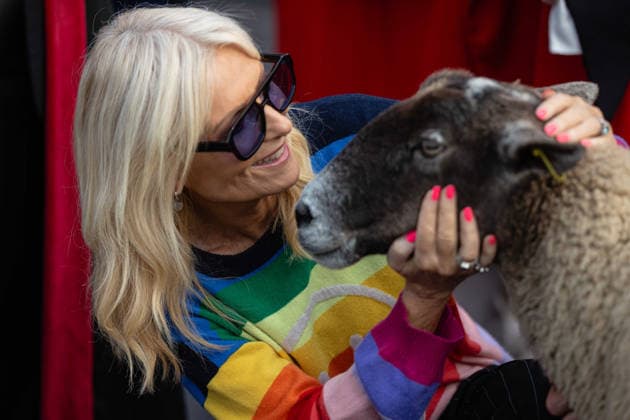 Woolmens Sheep Drive and Livery Fair 2026 on Southwark Bridge, London, UK 27 September 2026 TV presenter Gabby Roslin gets up close to a sheep during the Woolmens Sheep Drive across Southwark Bridge, London, UK, on 27 September 2026. The broadcaster, who became a Freeman of the City of London earlier this year, led the annual drive to mark 80 years in entertainment, joined by Master Woolman David Hopkins, Lady Mayor Dame Susan Langley and Sheriffs of the City of London in aid of the Woolmen s Charity and the Lord Mayor s Appeal., Credit:PETE SPELLER Avalon Copyright: xPETExSPELLERx xAvalonx 1138620805