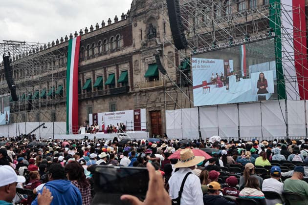 September 27, 2026, Mexico City, Cdmx, Mexico: The President of Mexico, CLAUDIA SHEIMBAUM closes before thousands of supporters in the Plaza de la Constitucio³n her tour Honestity and Results that went through the 32 States of the Republic; during the speech she talked about the progress and benefits that her government has had towards the population, first attending vulnerable groups with economic aid, improvements in the health sector, advances in technology, improvements in transport, increase in foreign investments, education, reduction of violence and homicides at the national level, greater security, all this with a humanistic approach. Within the speech he emphasized social justice, the democracy that prevails in the country, fre - ZUMAp204 20260927_zip_p204_014 Copyright: xJosuexPerezx