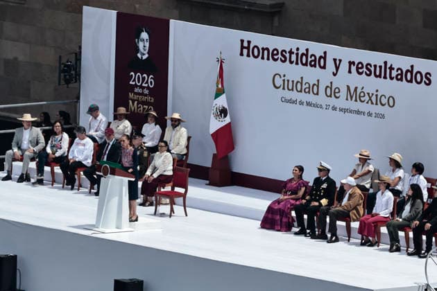September 27, 2026, Mexico City, Cdmx, Mexico: The President of Mexico, CLAUDIA SHEIMBAUM closes before thousands of supporters in the Plaza de la Constitucio³n her tour Honestity and Results that went through the 32 States of the Republic; during the speech she talked about the progress and benefits that her government has had towards the population, first attending vulnerable groups with economic aid, improvements in the health sector, advances in technology, improvements in transport, increase in foreign investments, education, reduction of violence and homicides at the national level, greater security, all this with a humanistic approach. Within the speech he emphasized social justice, the democracy that prevails in the country, fre - ZUMAp204 20260927_zip_p204_043 Copyright: xJosuexPerezx