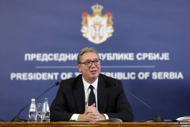 (260928) -- BEIJING, Sept. 28, 2026 -- Serbian president Aleksandar Vucic speaks during a press conference in Belgrade, Serbia, Sept. 27, 2026. Vucic signed and submitted his resignation on Sunday, stepping down as president. (Photo by Xinhua) XINHUA PHOTOS OF THE DAY PredragxMilosavljevic 