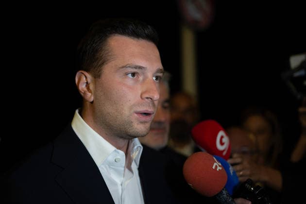 Jordan Bardella At RN Election Night Event After Senate Elections - La Seyne-sur-Mer Jordan Bardella, president of the National Rally party (RN), at the election night event announcing the results of the Senate elections, which, for the first time, allowed his party to form a caucus in the Senate with 13 elected senators, in La Seyne-sur-Mer, France, on September 27. Photo by Laurent Coust ABACAPRESS.COM La Seyne-sur-Mer France  Copyright: xCoustxLaurent ABACAx