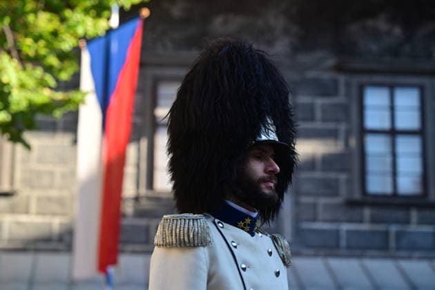 To mark the Czech Statehood Day and the St. Wenceslas city festivities, the Schwarzenberg Guards (Schwarzenberg Grenadier Guard) raised their flags in front of the guardhouse in the second castle courtyard in Cesky Krumlov, Czech Republic, on September 28, 2026. (CTKxPhoto VaclavxPancer) CTKPhotoP2026092802479  CTKPhotoP2026092802479