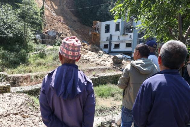 Heavy Rainfall Triggers Landslide in Dhapakhel LALITPUR, NEPAL - SEPTEMBER 28, 2026: A house lies partially collapsed after a landslide triggered by heavy rainfall in Dhapakhel, Lalitpur, Nepal. The landslide swept through the area following intense rain, damaging property and leaving residents assessing the aftermath. Lalitpur Nepal Copyright: x xShankarxBhujelx xJNAxPressx