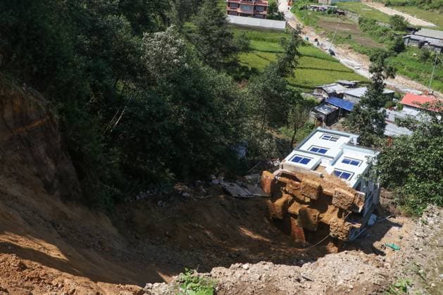 Heavy Rainfall Triggers Landslide in Dhapakhel LALITPUR, NEPAL - SEPTEMBER 28, 2026: A house lies partially collapsed after a landslide triggered by heavy rainfall in Dhapakhel, Lalitpur, Nepal. The landslide swept through the area following intense rain, damaging property and leaving residents assessing the aftermath. Lalitpur Nepal Copyright: x xShankarxBhujelx xJNAxPressx
