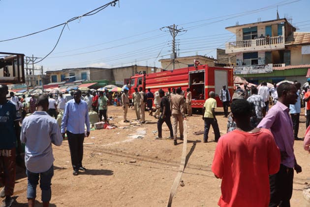 September 28, 2026, Juba, Ces Juba, South Sudan: Firefighters and residents work to extinguish a blaze that engulfed four shops at Konyo Konyo Market in Juba, South Sudan, amid reports that illegal electrical connections may have contributed to the fire. No casualties or extent of property damage have been officially confirmed. In the photo, firefighters are moving about after the fire has been extinguished. Juba South Sudan  - ZUMAb132 20260928_zip_b132_007 Copyright: xSamirxBolx
