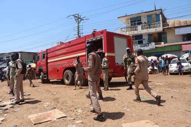 September 28, 2026, Juba, Ces Juba, South Sudan: Firefighters and residents work to extinguish a blaze that engulfed four shops at Konyo Konyo Market in Juba, South Sudan, amid reports that illegal electrical connections may have contributed to the fire. No casualties or extent of property damage have been officially confirmed. In the photo, firefighters are moving about after the fire has been extinguished. Juba South Sudan  - ZUMAb132 20260928_zip_b132_011 Copyright: xSamirxBolx