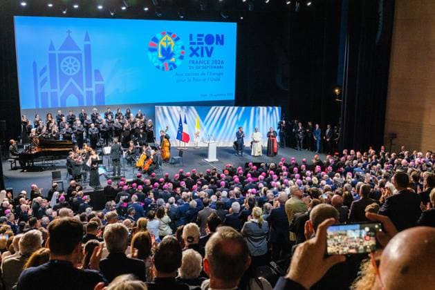RECORD DATE NOT STATED The Pope in Metz Photo by Arnaud BEINAT Maxppp September 28, 2026, Metz, Moselle, Lorraine, Grand Est, France Address by Pope Leo XIV at the Robert Schuman Convention Center, in the presence of French President Emmanuel Macron and Catholic Cardinal Jean Marc Aveline, President of the French Bishops’ Conference  Copyright: xMAXPPPxArnaudxBeinatx ABE260928-02 ABE260928-02