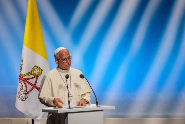 RECORD DATE NOT STATED The Pope in Metz Photo by Arnaud BEINAT Maxppp September 28, 2026, Metz, Moselle, Lorraine, Grand Est, France Address by Pope Leo XIV at the Robert Schuman Convention Center, in the presence of French President Emmanuel Macron and Catholic Cardinal Jean Marc Aveline, President of the French Bishops’ Conference  Copyright: xMAXPPPxArnaudxBeinatx ABE260928-03 ABE260928-03