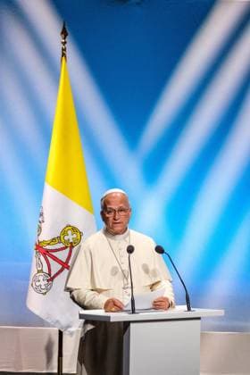 RECORD DATE NOT STATED The Pope in Metz Photo by Arnaud BEINAT Maxppp September 28, 2026, Metz, Moselle, Lorraine, Grand Est, France Address by Pope Leo XIV at the Robert Schuman Convention Center, in the presence of French President Emmanuel Macron and Catholic Cardinal Jean Marc Aveline, President of the French Bishops’ Conference  Copyright: xMAXPPPxArnaudxBeinatx ABE260928-05 ABE260928-05