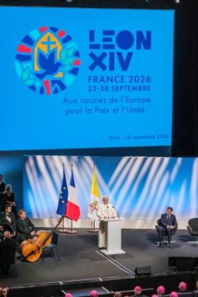 RECORD DATE NOT STATED The Pope in Metz Photo by Arnaud BEINAT Maxppp September 28, 2026, Metz, Moselle, Lorraine, Grand Est, France Address by Pope Leo XIV at the Robert Schuman Convention Center, in the presence of French President Emmanuel Macron and Catholic Cardinal Jean Marc Aveline, President of the French Bishops’ Conference  Copyright: xMAXPPPxArnaudxBeinatx ABE260928-10 ABE260928-10
