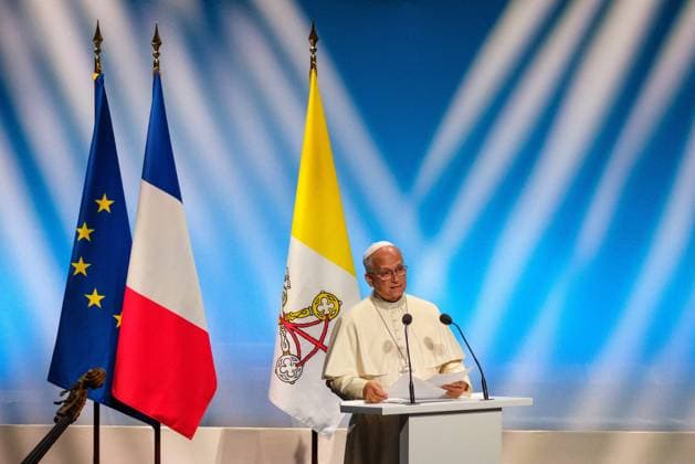 RECORD DATE NOT STATED The Pope in Metz Photo by Arnaud BEINAT Maxppp September 28, 2026, Metz, Moselle, Lorraine, Grand Est, France Address by Pope Leo XIV at the Robert Schuman Convention Center, in the presence of French President Emmanuel Macron and Catholic Cardinal Jean Marc Aveline, President of the French Bishops’ Conference, Metz, France, September 28, 2026 Pope Leo XIV delivers a speech at the Robert Schuman Convention Center in Metz, in the presence of French President Emmanuel Macron and Cardinal Jean Marc Aveline, President of the French Bishops’ Conference, during the Pope’s four-day apostolic visit to France Copyright: xMAXPPPxArnaudxBeinatx ABE260928-06 ABE260928-06