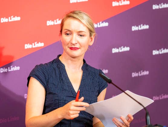Ines Schwerdtner, EUR, Germany, Berlin, September 28, 2026: Press conference by Ines Schwerdtner, chairwoman of the party Die Linke, at the Karl Liebknecht House on current issues: the complaint filed against Federal Minister Dobrindt, long-term care reform, expropriation or socialization, and the resignation of Jens Spahn