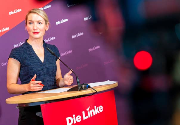 Ines Schwerdtner, EUR, Germany, Berlin, September 28, 2026 Press conference by Ines Schwerdtner, chairwoman of the party Die Linke, at the Karl Liebknecht Haus on current issues: the complaint filed against Federal Minister Dobrindt, long-term care reform, expropriation or socialization, and the resignation of Jens Spahn