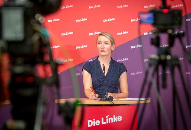 Ines Schwerdtner, EUR, Germany, Berlin, September 28, 2026 Press conference by Ines Schwerdtner, chairwoman of the party Die Linke, at the Karl Liebknecht Haus on current issues: the complaint filed against Federal Minister Dobrindt, long-term care reform, expropriation or socialization, and the resignation of Jens Spahn