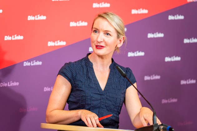 Ines Schwerdtner, EUR, Germany, Berlin, September 28, 2026 Press conference by Ines Schwerdtner, chairwoman of the party Die Linke, at the Karl Liebknecht Haus on current issues: the complaint filed against Federal Minister Dobrindt, long-term care reform, expropriation or socialization, and the resignation of Jens Spahn