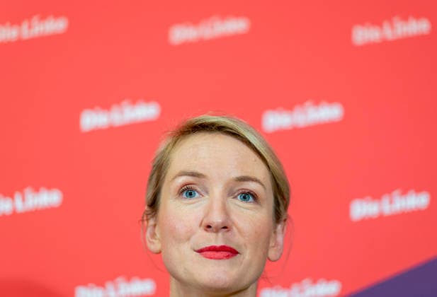 Ines Schwerdtner EUR, Germany, Berlin, September 28, 2026 Press conference by Ines Schwerdtner, chairwoman of the party Die Linke, at the Karl Liebknecht House on current issues: the complaint filed against Federal Minister Dobrindt, long-term care reform, expropriation or socialization, and the resignation of Jens Spahn