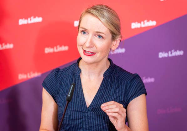 Ines Schwerdtner EUR, Germany, Berlin, September 28, 2026 Press conference by Ines Schwerdtner, chairwoman of the party Die Linke, at the Karl Liebknecht House on current issues: the complaint filed against Federal Minister Dobrindt, long-term care reform, expropriation or socialization, and the resignation of Jens Spahn