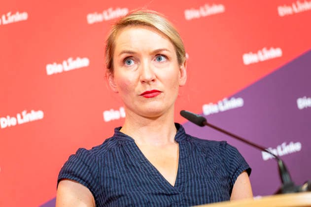 Ines Schwerdtner EUR, Germany, Berlin, September 28, 2026 Press conference by Ines Schwerdtner, chairwoman of the party Die Linke, at the Karl Liebknecht House on current issues: the complaint filed against Federal Minister Dobrindt, long-term care reform, expropriation or socialization, and the resignation of Jens Spahn