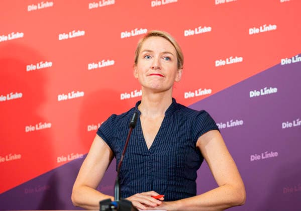 Ines Schwerdtner, EUR, Germany, Berlin, September 28, 2026 Press conference by Ines Schwerdtner, chairwoman of the party Die Linke, at the Karl Liebknecht House on current issues: the complaint filed against Minister Dobrindt, long-term care reform, expropriation or socialization, and the resignation of Jens Spahn