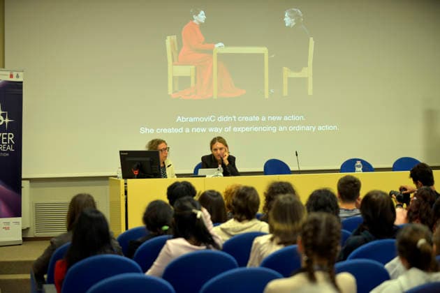IPA89072977 - Lucca, September 28, 2026 At the San Micheletto complex as part of the Lucca Film Festival, British artist Neil Harbisson held a masterclass titled OVER THE REAL. Since 2004, Harbisson has been using an antenna implanted in his skull which has now become an organ for him that allows him to perceive color frequencies, infrared, and ultraviolet light, as well as to access servers. In the photo: Neil Harbisson during his masterclass.  Copyright: xRobertoCappelloxfotografox xRobertoCappelloxfotografox IPA89072977