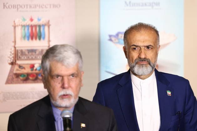 RUSSIA, MOSCOW - SEPTEMBER 28, 2026: Iran s Minister of Culture and Islamic Guidance Abbas Salehi (L) and Iran s Ambassador to Russia Kazem Jalali speak at an exhibition of Iranian Art and Folk Arts and Crafts during the Festival of Iranian Culture at the All-Russian Museum of Decorative Art. Artyom Geodakyan TASS  98492339