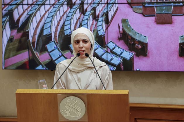 Unseen voices from Palestine to Italy press conference in Rome ROME, ITALY, SEPTEMBER 28: Jujain Abdul Latif, of Jerusalem, speaks during the press conference Unseen voices from Palestine to Italy with a group of young Palestinians arrived from the West Bank, at the Italian Senate in Rome, Italy, on September 28, 2026. Riccardo De Luca Anadolu Rome Italy. Editorial use only. Please get in touch for any other usage.  Copyright: x2026xAnadoluxRiccardoxDexLucax