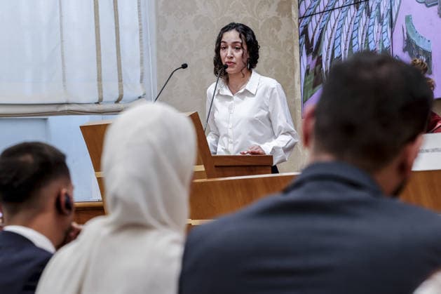 Unseen voices from Palestine to Italy press conference in Rome ROME, ITALY, SEPTEMBER 28: Ghadeer Abdo, of Jerusalem, speaks during the press conference Unseen voices from Palestine to Italy with a group of young Palestinians arrived from the West Bank, at the Italian Senate in Rome, Italy, on September 28, 2026. Riccardo De Luca Anadolu Rome Italy. Editorial use only. Please get in touch for any other usage.  Copyright: x2026xAnadoluxRiccardoxDexLucax