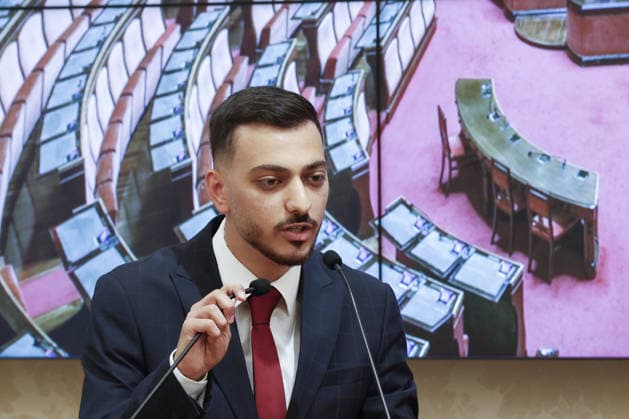 Unseen voices from Palestine to Italy press conference in Rome ROME, ITALY, SEPTEMBER 28: Adam Abbasi, Palestinian nursing student and volunteer paramedic, speaks during the press conference Unseen voices from Palestine to Italy with a group of young Palestinians arrived from the West Bank, at the Italian Senate in Rome, Italy, on September 28, 2026. Riccardo De Luca Anadolu Rome Italy. Editorial use only. Please get in touch for any other usage.  Copyright: x2026xAnadoluxRiccardoxDexLucax