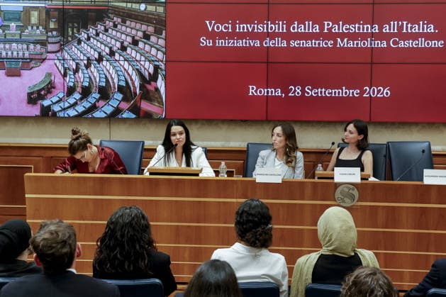 Unseen voices from Palestine to Italy press conference in Rome ROME, ITALY, SEPTEMBER 28: Palestinian producer Hind Abushkhadim (2nd L) speaks during the press conference Unseen voices from Palestine to Italy with a group of young Palestinians arrived from the West Bank, at the Italian Senate in Rome, Italy, on September 28, 2026. Riccardo De Luca Anadolu Rome Italy. Editorial use only. Please get in touch for any other usage.  Copyright: x2026xAnadoluxRiccardoxDexLucax