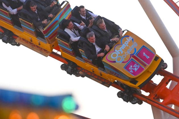 Markus SOEDER, Minister-President of Bavaria and CSU Chairman, and Mayor Dominik Krause ride the Olympia Looping. The two are thus fulfilling a promise: They had announced that they would take the roller coaster ride if Munich were selected in the national bidding process for the 191st Oktoberfest from September 19 to October 4, 2026, at